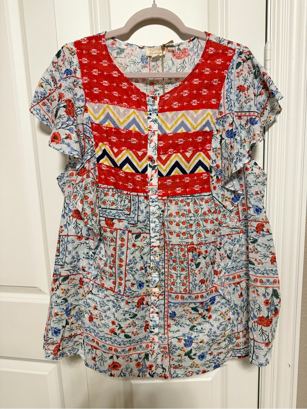 Letuche for Anthropologie NWT Boho Mixed Print Ruffle Sleeve Top Size 14